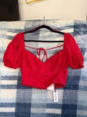 Tictoc Red Puff Sleeve Sweetheart Neckline Tie-Back Crop Top